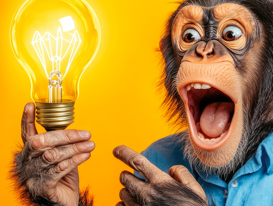 A chimpanzee in a blue shirt holds a glowing lightbulb, its expr
